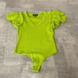 Express Sleeveless Ribbed Bodysuit with Ruffled Trim - Muted Lime Green